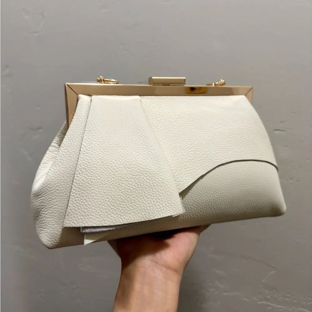Ivory Pebble Leather Handmade Asymmetrical Ruffles Metal Frame Clutch/Crossbaody - Picture 16 of 16